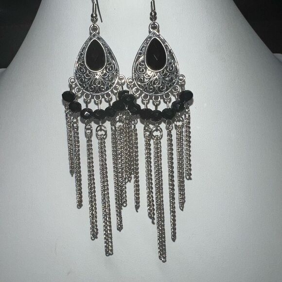 Silver Tone and Black Bead Long Boho Earrings - Picture 2 of 7